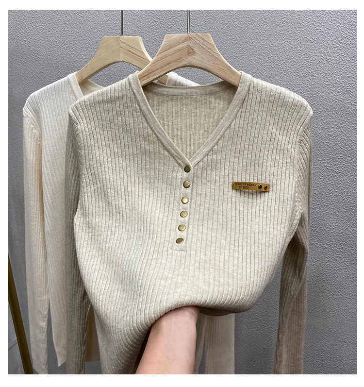 Maglione lavorato a maglia di base per abbigliamento femminile, maglione da donna, autunno, nuovo stile, scollo a V, maniche lunghe, maglione interno alla moda e temperamento_voghion.com
