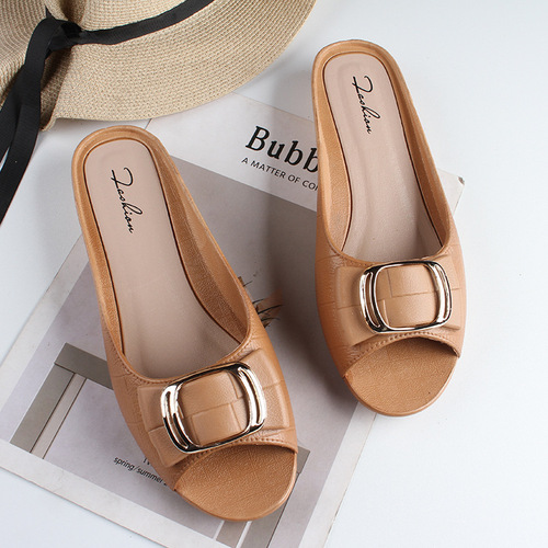 Holly Shark New Ladies Summer Half Slippers Fashion Square Buckle Casual Thick Heel Outdoor Wear Flat Bottom Daily Flip Flops 