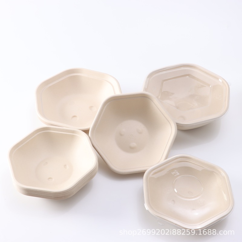 使い捨てサトウキビ包装箱サラダパスタ六角形蓋付き弁当箱分解可能洋食軽食スープボウル|undefined