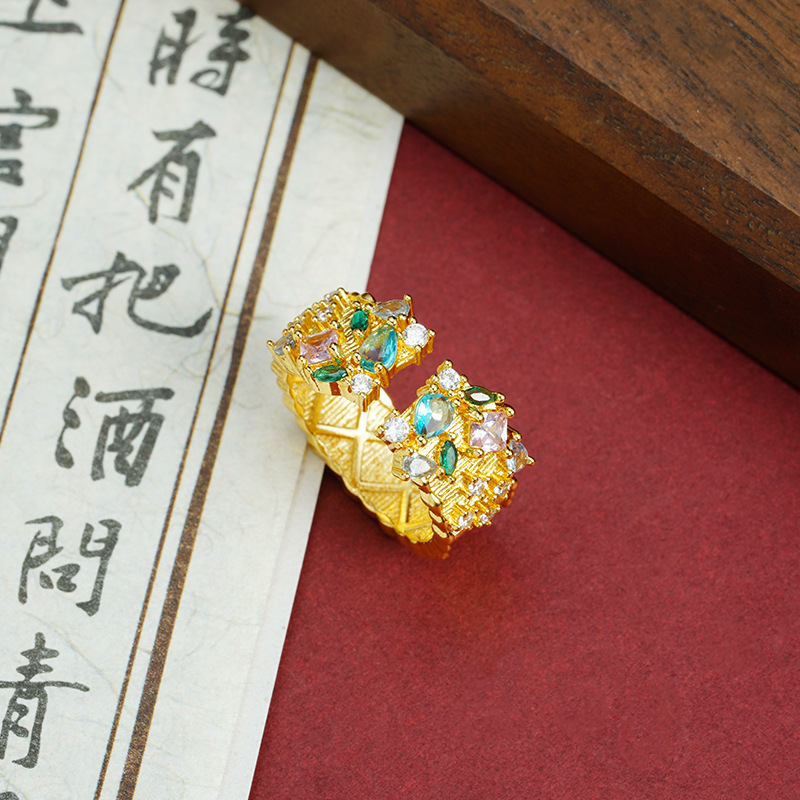 Anillo de oro de arena vietnamita con diamantes brillante estrella abierta anillo de bronce dorado no se desvanece joyas al por mayor