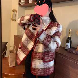 小香风夹棉加厚毛呢外套女冬季大码胖妹妹气质显瘦千鸟格呢子大衣