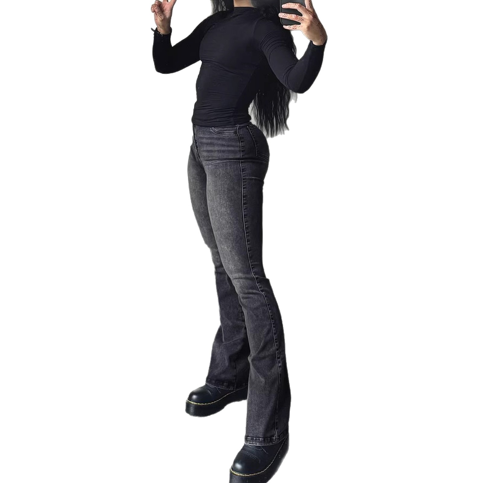 Women's Stretch Flared Jeans - Slimming Gray Denim Pants With Vintage Wash & Bootcut Silhouette, High-Street Fashion Trousers_voghion.com