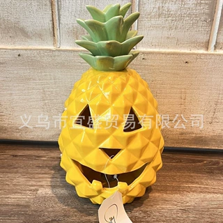 跨境新款万圣节菠萝南瓜点亮陶瓷杰克南瓜灯海滩装饰摆件家居庭院