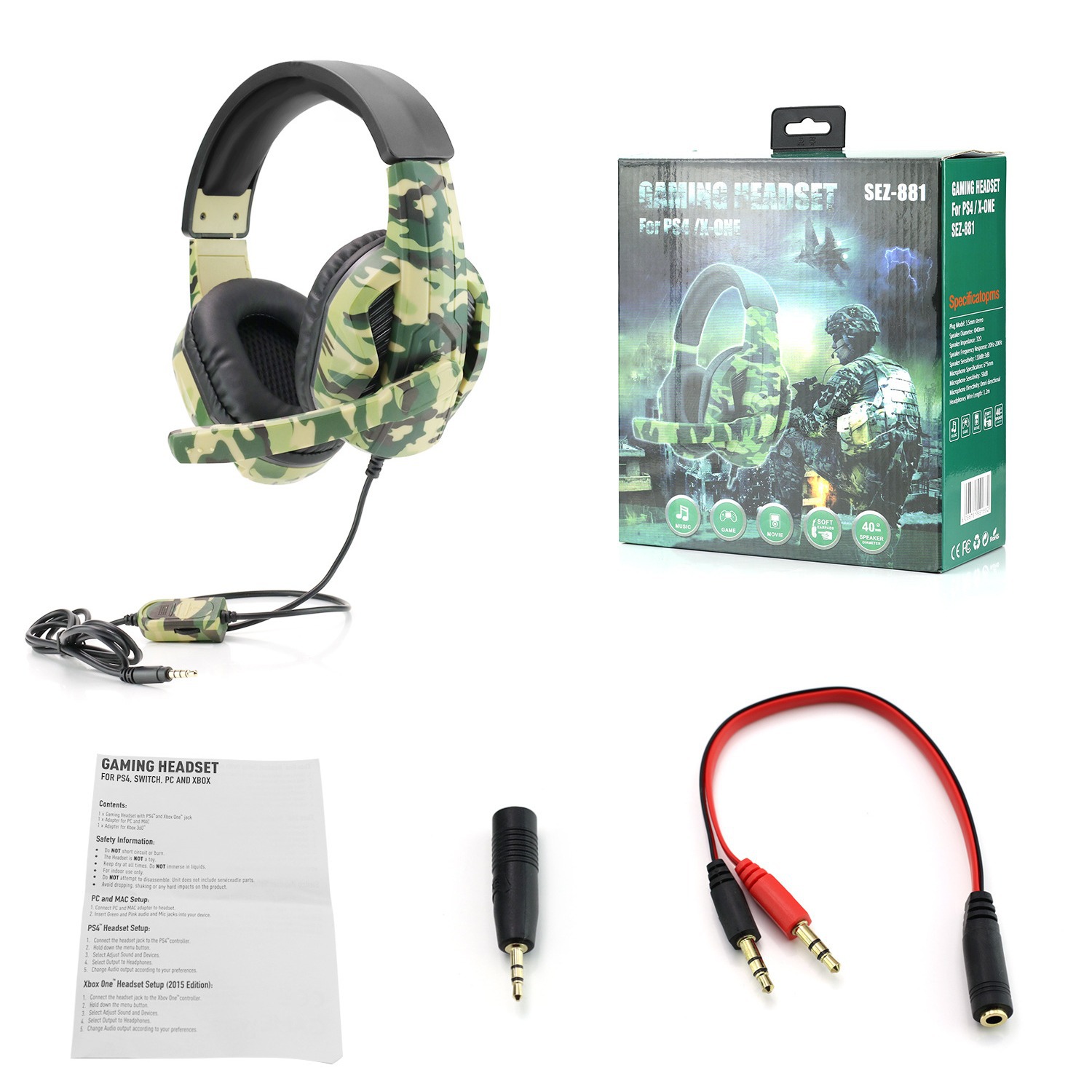 Ventas directas de fábrica PS4 ejército verde camuflaje auriculares bilaterales grandes auriculares con cable juego transfronterizo e-sports auriculares