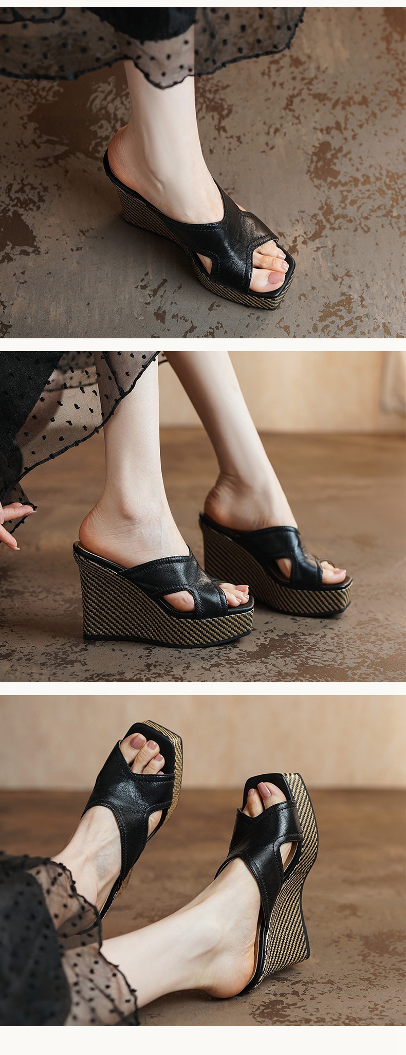 Sandal cao gót nữ hở mũi da dê đế xuồng dày — màu nâu chi tiết 4