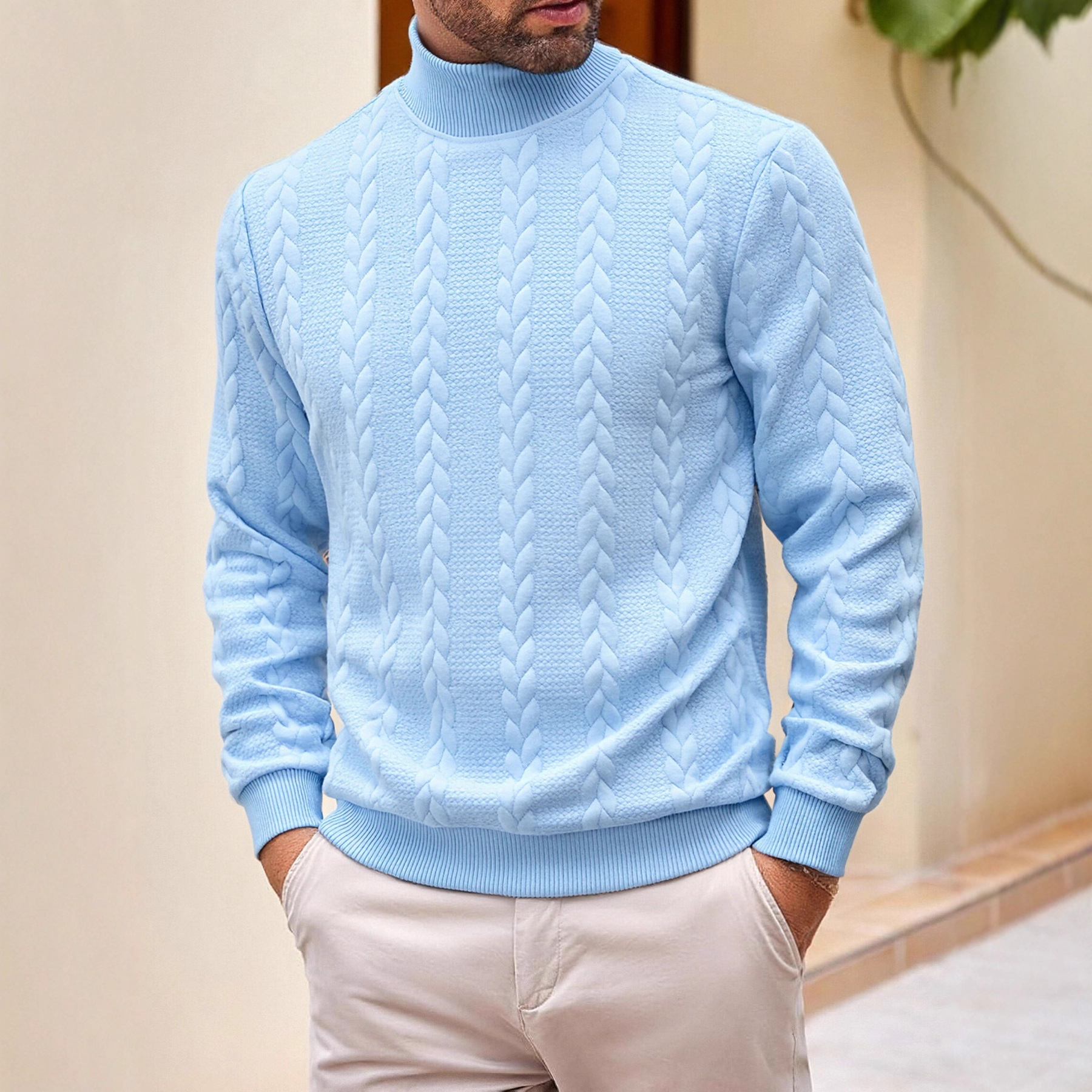 Cross-Border European Size Autumn and Winter Knit Sweater, Everyday Solid Color Young Men's Fashion Jacquard High-Neck Warm Sweater for Men