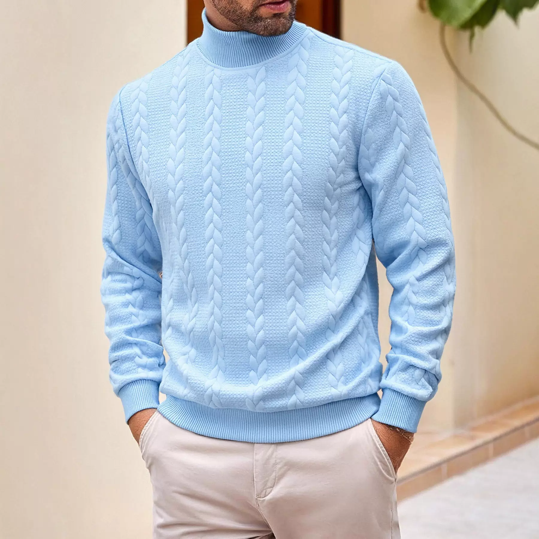 25跨境欧码秋冬毛衣针织衫日常纯色青年男士时尚提花高领保暖毛衣