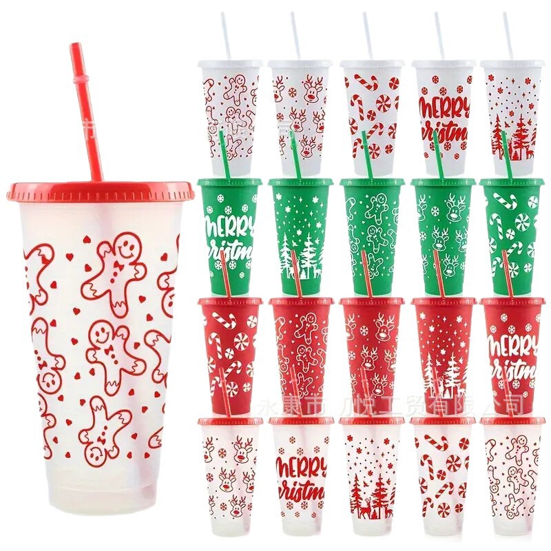 Cross-Border Source Factory Christmas New Single-Layer Plastic Straw Cup 710Ml/24Oz Cup Wholesale