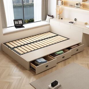 Modern Simple Small Apartment Tatami Bed with Drawers Solid Wood Frame Air Pressure Side Opening Storage Leather Art Without Bedside