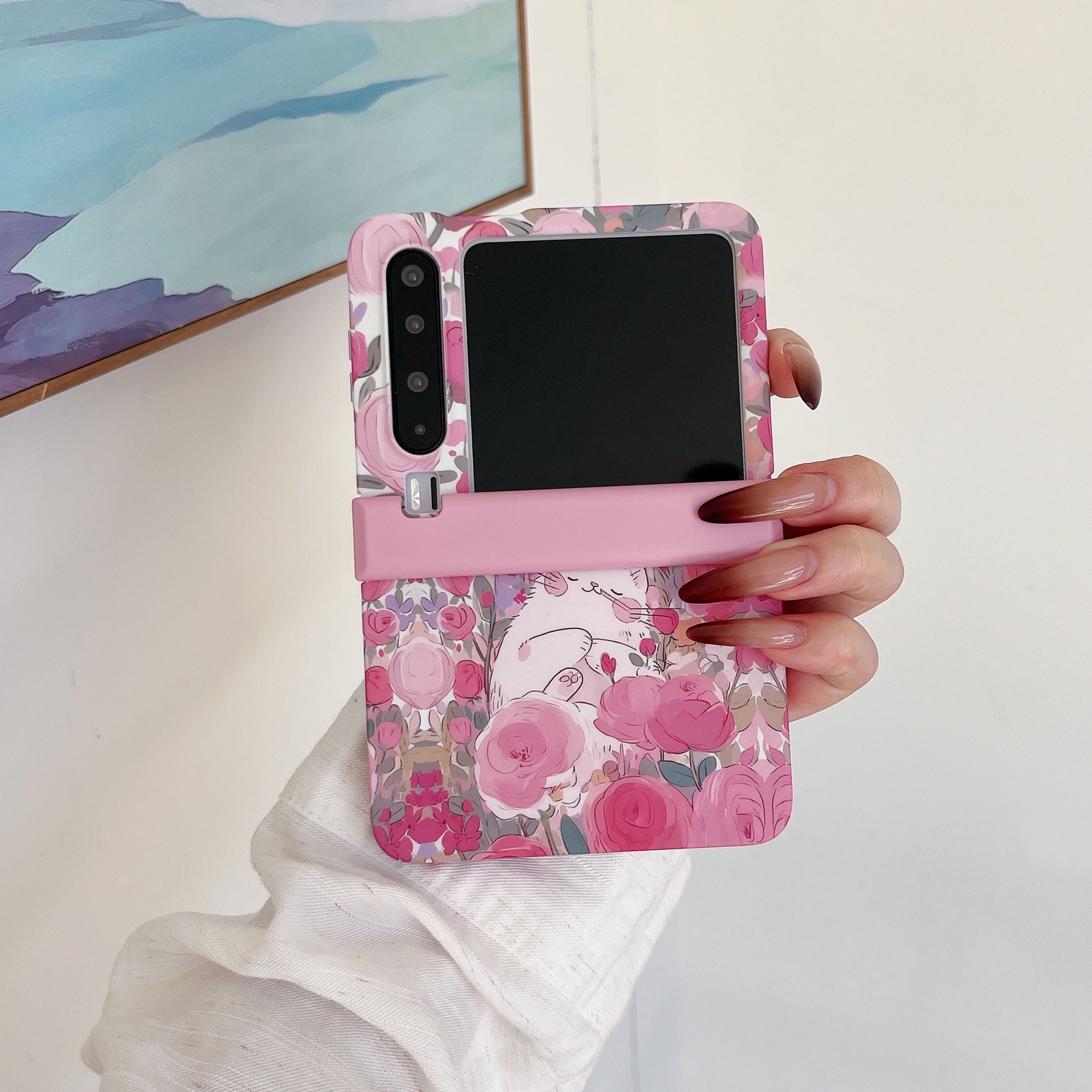 Pink Flower Cat Suitable for Huawei Purax Mobile Phone Case Foldableing Screen Pocket2/S Central Axis Hinge Protective Cover