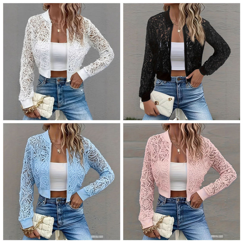 Cross-Border European and American Style Lace Short Jacket for Women, Spring and Autumn Thin Zip-Up Cardigan, Long-Sleeve Slim Fit Fashionable Versatile Top Cross-Border European and American Style Lace Short Jacket for Women, Spring and Autumn Thin Zip-Up Cardigan, Long-Sleeve Slim Fit Fashionable Versatile Top