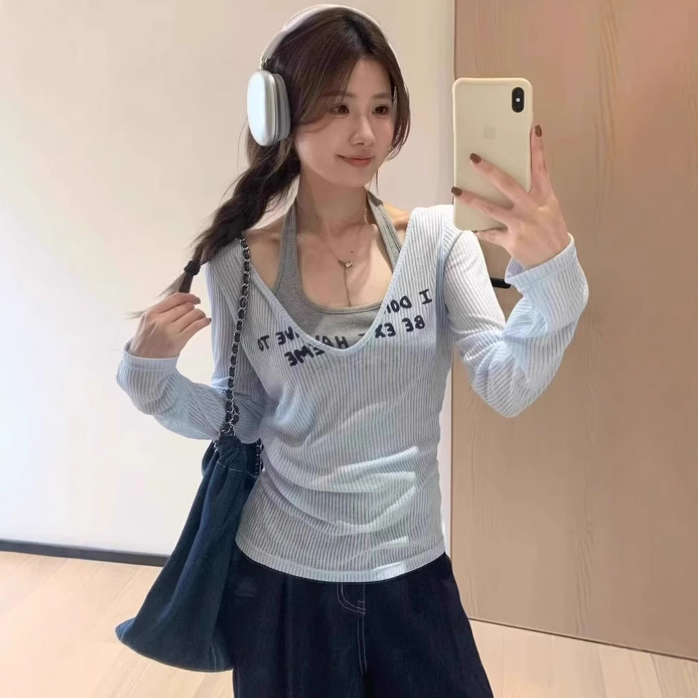 자체 공장 스팟 퓨어 러스티 홀터넥 조끼 긴팔 자외선 차단 블라우스 티셔츠 여성 여름 신작 서스펜더 투피스 세트