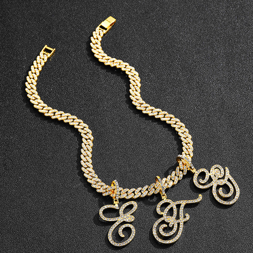 New Style European and American Hip-Hop Script Cursive Letter Pendant Gourd Buckle Cuban Chain Necklace Jewelry Letter Pendant Wholesale