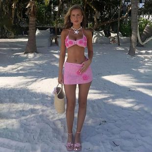 Crochet Suspender Skirt Suit European and American Cross-Border 2025 Summer Beach Vacation Style Flower Decorated Tube Top Suit