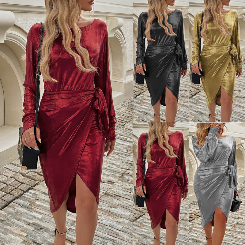 2024 Europe and the United States cross-border autumn and winter new gold velvet long sleeve dress temperament pleated skirt ball evening dress skirt
