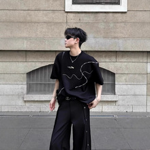 夏季美式复古小众手缝珍珠装饰短袖T恤男设计感潮牌高街重磅上衣