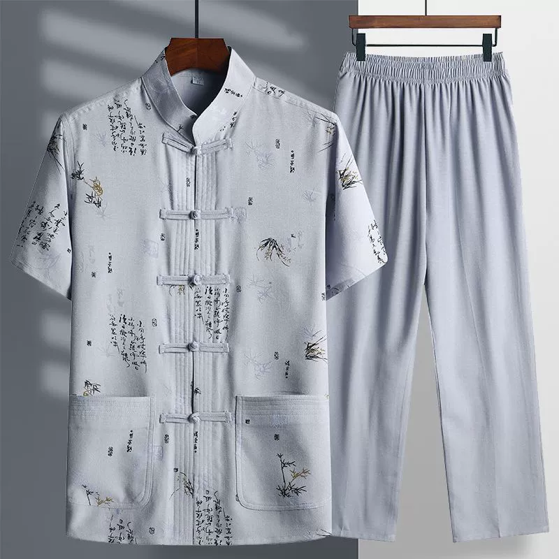 Мужская рубашка из хлопка и льна в китайском стиле, мужская летняя рубашка с короткими рукавами для среднего и пожилого возраста, костюм Тан, этнический костюм для утренних упражнений, костюм династии Хань, дедушка