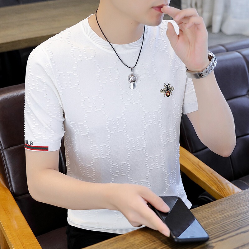 Men's Summer Trendy Casual Fashion Round Neck Korean Style Versatile Thin Loose-Fitting Short-Sleeve Breathable Shirt with Bee Embroidery Men's Summer Trendy Casual Fashion Round Neck Korean Style Versatile Thin Loose-Fitting Short-Sleeve Breathable Shirt with Bee Embroidery