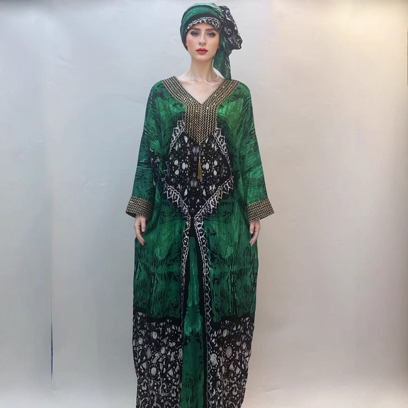 Ah8848 # New Style Loose-Fitting V-Neck Rhinestone Tassel Headscarf Rayon Double-Sided Printed Long Dress Robe Ah8848 # New Style Loose-Fitting V-Neck Rhinestone Tassel Headscarf Rayon Double-Sided Printed Long Dress Robe