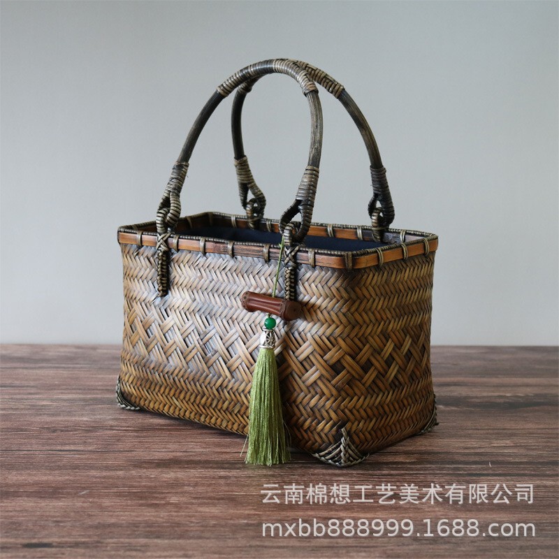 Vintage Bamboo Woven Bag Hand-woven Mother's Vegetable Basket Bag Portable Women's Bag Hanfu Photo Tea Set Storage