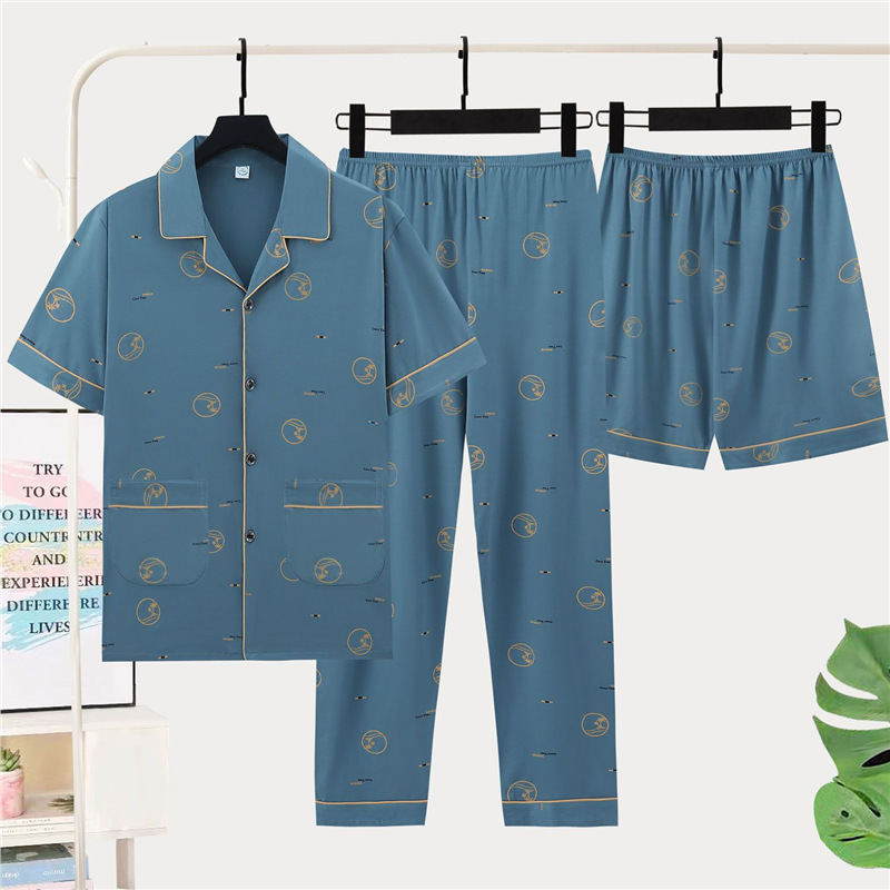 Pajamas de algodón de tres piezas de hombre, pantalones cortos de verano, pantalones cortos de manga corta, pantalones cortos delgados, pantalones cortos de tamaño grande, ropa para el hogar