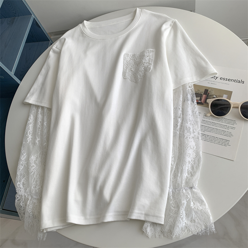 Lace Sleeve Fake Two-Piece White T-Shirt 2025 New Style Cut Out Jacquard Loose Casual Fashionable Age-Reducing Versatile Top
