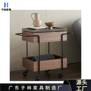 Modern Simple Living Room Walnut Storage Dining Car Rectangular Creative Movable Dining Room Rotating Desktop Trolley