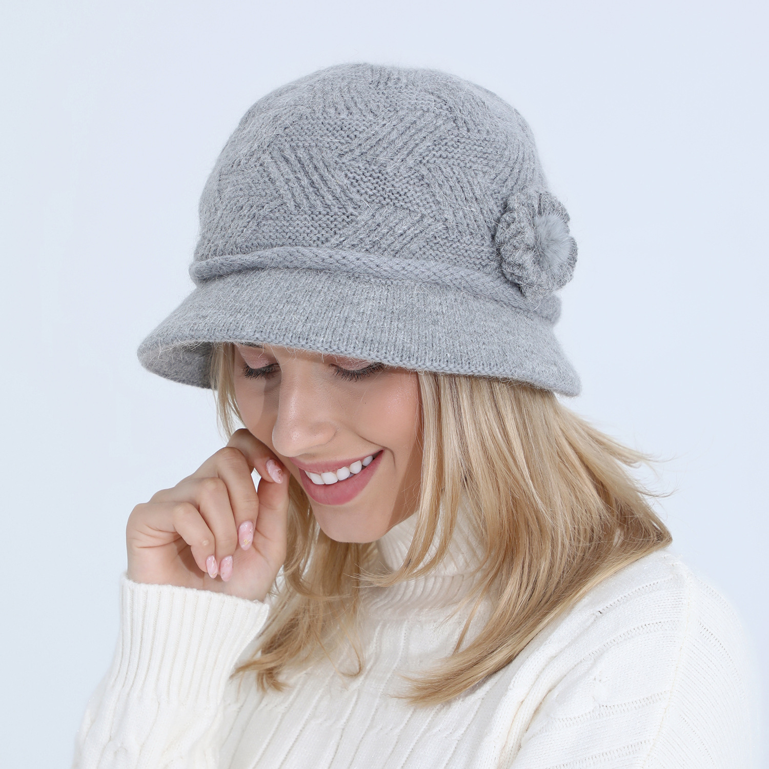 Gestrickte Damen Mütze Mit Kaninchenhaar Warm Für Den Winter_voghion.com