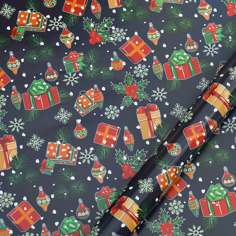 Nuevo papel recubierto brillante papel de regalo de navidad papel de regalo muñeco de nieve de dibujos animados árbol de navidad papel de regalo