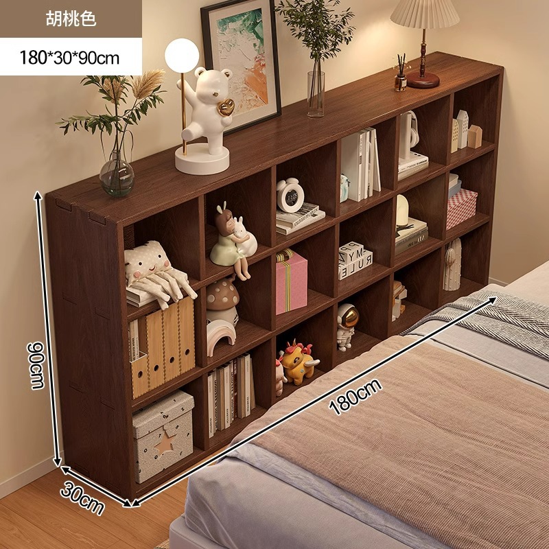 Escritorio de cabezal de cama, gabinete de libros de color nuez, gabinete de cuadrícula libre, gabinete de almacenamiento al lado de la cama