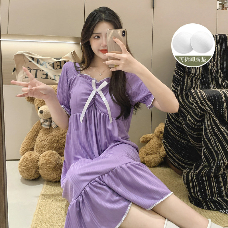 Fábrica directa de verano vestido de pijama de mujer sobre rodillas dopamina de color sólido plegado pozo cómodo vestido de hogar vestido largo cojín de pecho