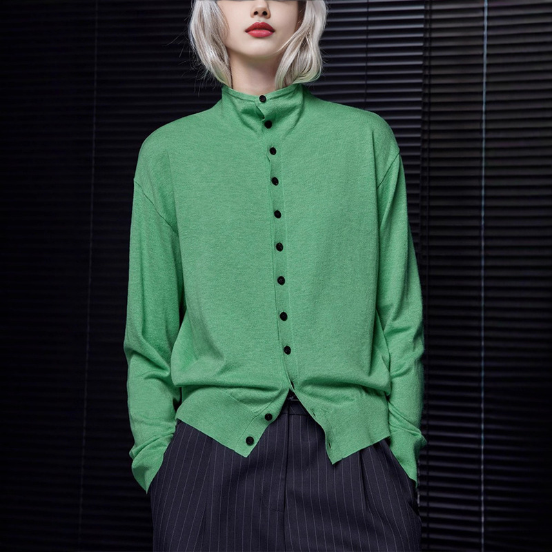In-Stock Green Cashmere Cardigan Sweater Knitwear for Women 2025 Autumn New Loose Design Niche Versatile