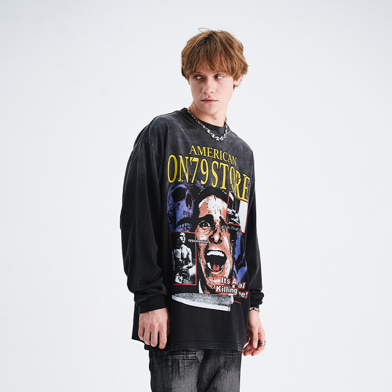 Moška oblačila, pranje, obešanje, barvanje, direktno pršenje, kričeč portret, tisk, spuščena ramena, ohlapna različica, trend par, majica s kratkimi rokavi_voghion.com