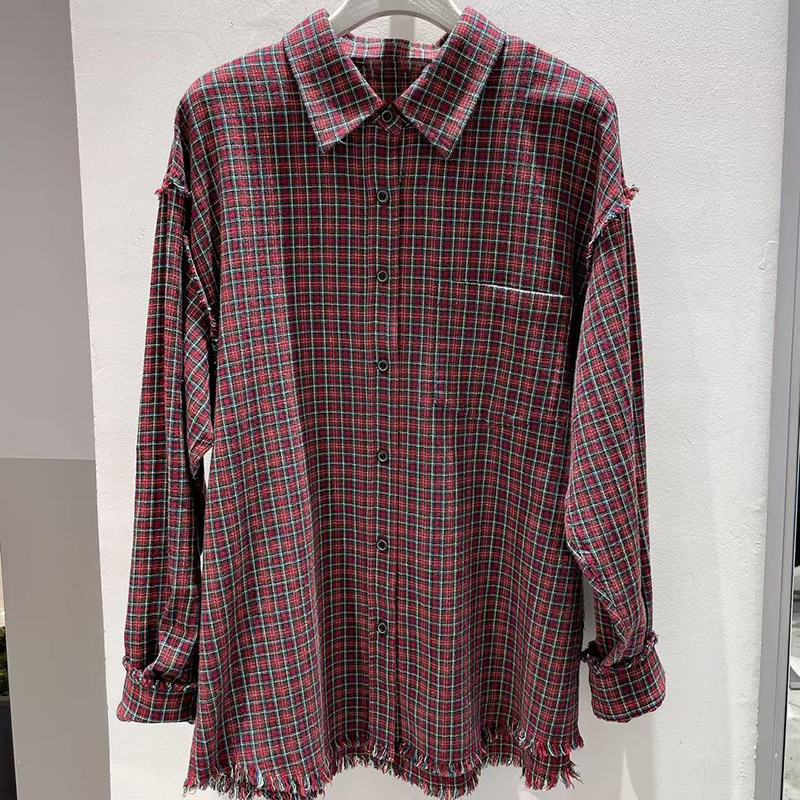 2025春の新商品の婦人服の赤い純綿の格子のシャツの女性のゆったりしているカジュアルな百合の上着の4g 1120251|undefined