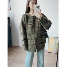 跨境美式复古迷彩毛衣外套女秋冬2025新款高级感针织开衫休闲上衣