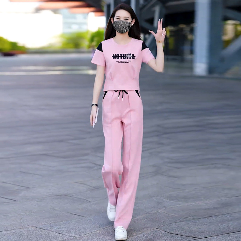 Women's Contrast Color Casual Sports Suit Short Sleeved Top And Wide Leg Pants Two Piece Set Stylish Slimming Trendy 2026_ecoleips.com