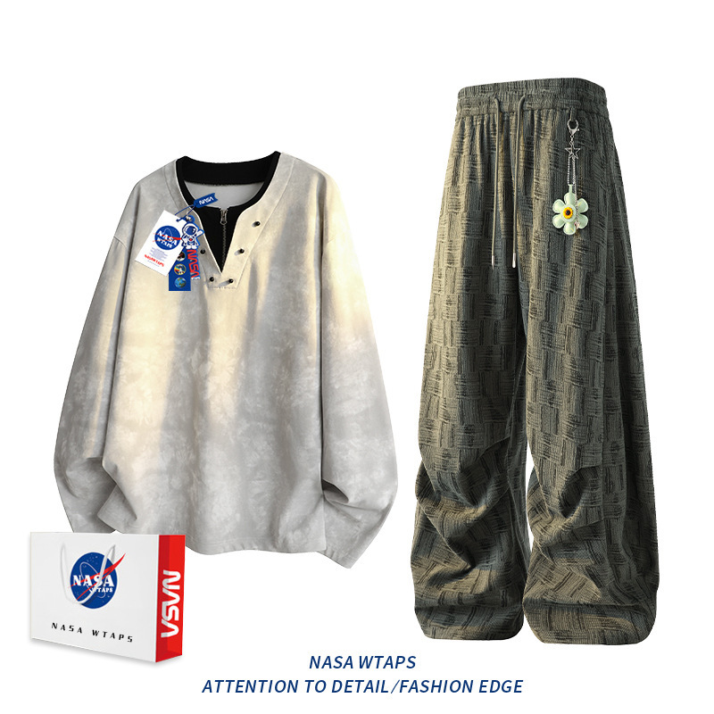 NASA ABOUT美式假两件半拉链卫衣男款春秋季新款宽松休闲运动套装|undefined