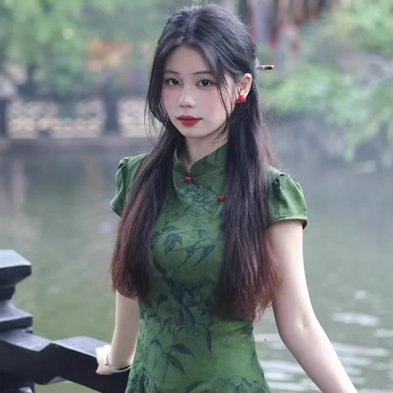 [Danqingke] 新しい中国風ジャカード改良チャイナドレス女性の春の気質レトロ半袖ドレス|undefined