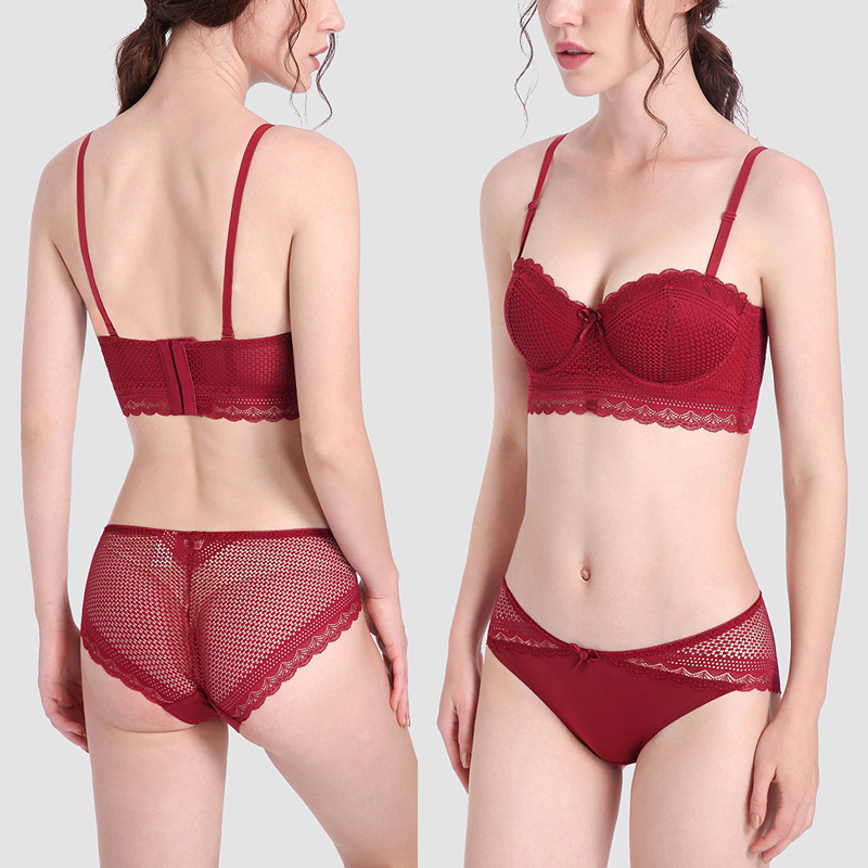 Bielizna Half Cup Girl Gathers to Gather Side Breast Sexy Lace with Steel Ring Bra Set_voghion.com