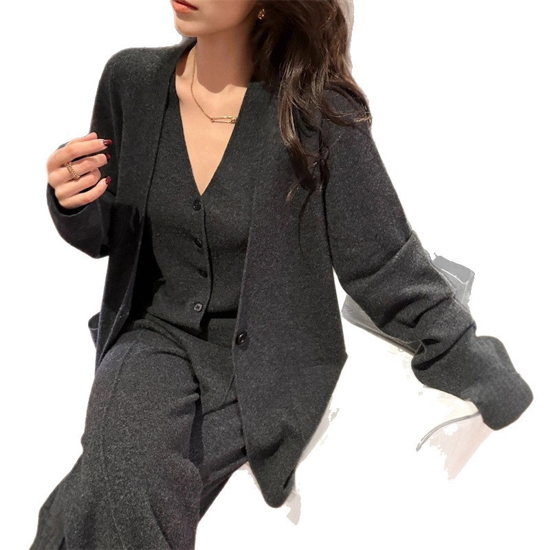 跨境气质通勤针织衫套装女2025秋冬新款加厚开衫马甲阔腿裤三件套|undefined