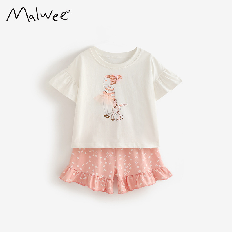 Ropa de verano para niñas, ropa de niños, ropa de moda de dos piezas para niños europeos y americanos, cuello redondo de verano, manga corta