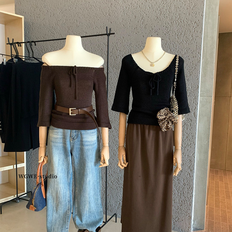 WGWE7284编织一字肩方领中袖毛衣女慵懒风复古修身显瘦打底衫上衣|undefined
