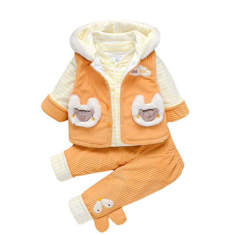 Nuevo bebé masculino y femenino 0-1-2 años de edad ropa de algodón acolchado de dibujos animados zorro Chaleco de pana conjunto de tres piezas traje de algodón y engrosamiento