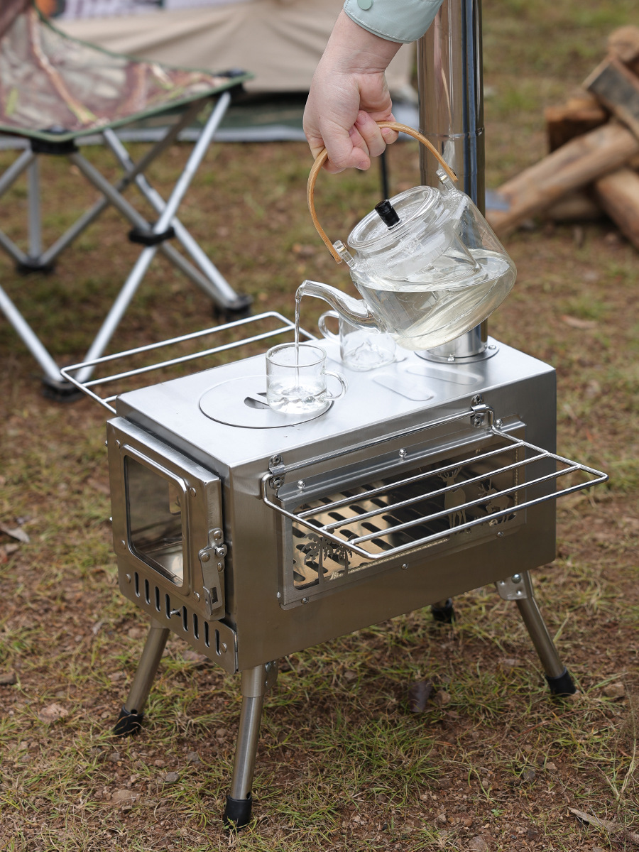 Estufa de leña portátil plegable de acero inoxidable para acampar, calentamiento de tiendas de campaña, estufa para exteriores, venta al por mayor.