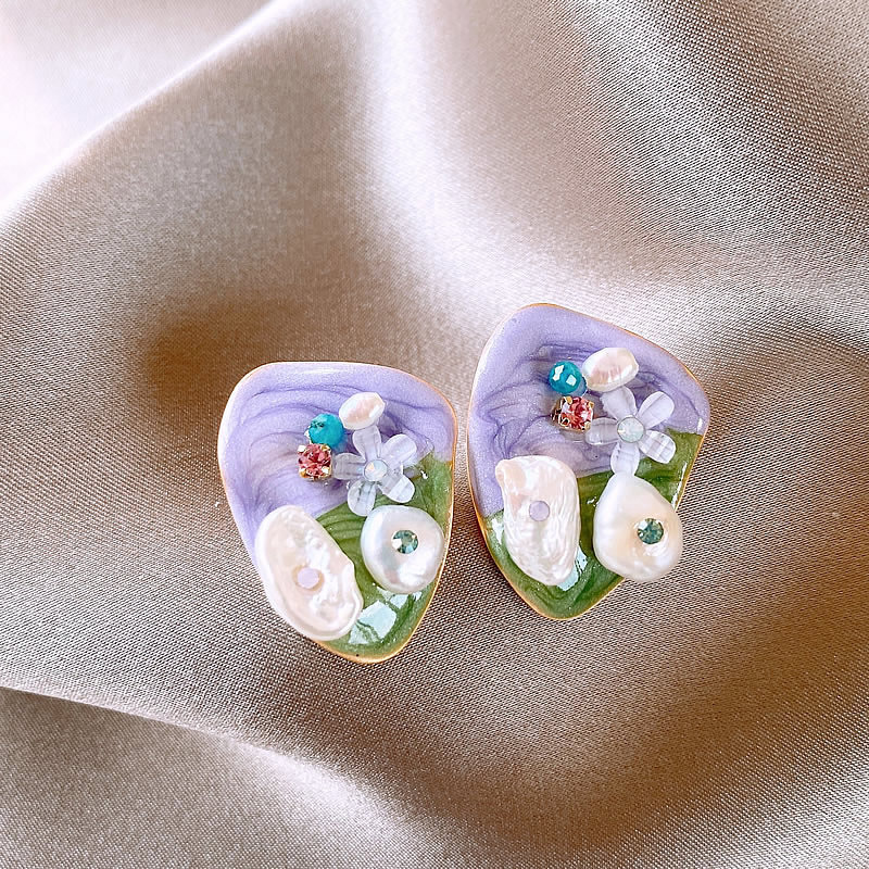 Monet Garden Pintura al óleo Pendientes de perlas de flores de viento Pendientes de lujo ligero de alta calidad Pendientes frescos dulces franceses mujeres