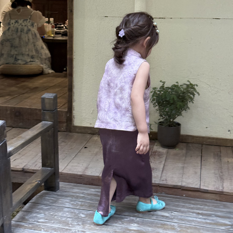 ホリデー限定！女の子の漢服スーツ夏の子供の新しい中国風紫色の薄い唐スーツベスト酢酸スカート|undefined