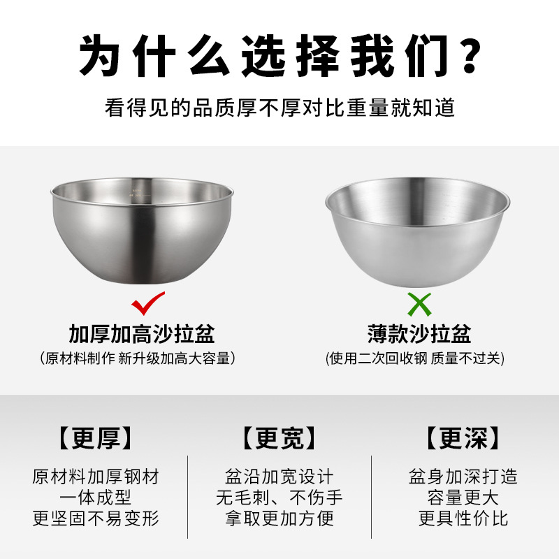 Ensaladera engrosada de acero inoxidable 304, sensación de alta calidad, batidor de huevos de grado alimenticio para el hogar, tazón de cocina, tazón de acero inoxidable de fideos instantáneos