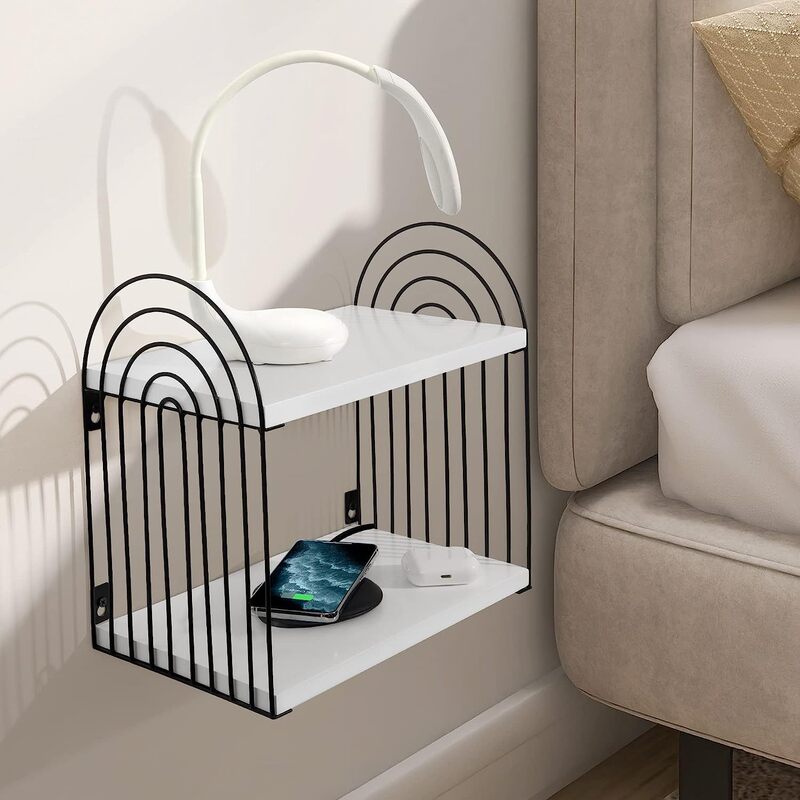 Wooden black metal floating rack White floating shelf 2-layer bedside table creative wall rack bedside storage rack Wooden black metal floating rack White floating shelf 2-layer bedside table creative wall rack bedside storage rack