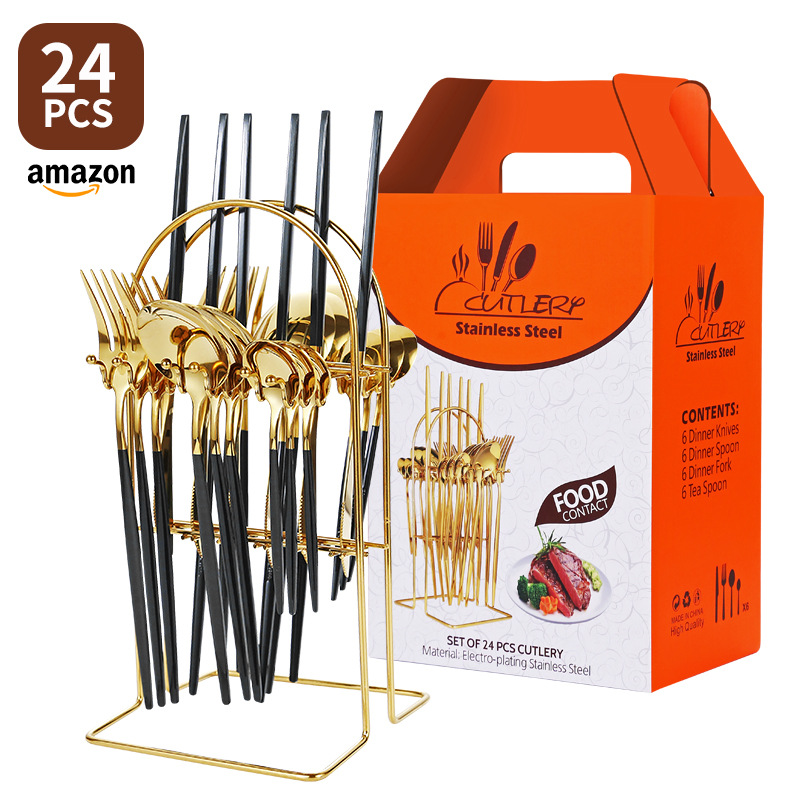 Transfronterizo Amazon Portugal comida occidental cuatro principales vajilla de acero inoxidable 24 piezas vajilla rack caja de regalo rack traje