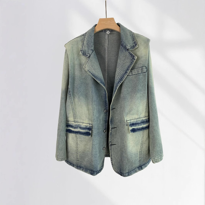 Retro Style Jacket with Shoulder Pad Designer Long Loose Profile Lapel Denim Jacket for Women